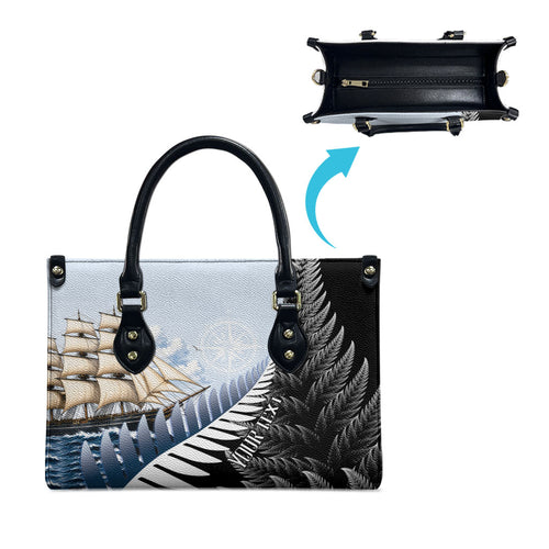Personalised New Zealand Pakeha Leather Bag Kiwi Silver Fern and Sailing Ship Compass