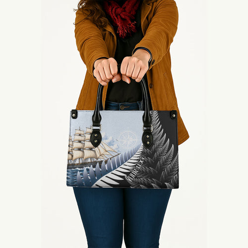 Personalised New Zealand Pakeha Leather Bag Kiwi Silver Fern and Sailing Ship Compass
