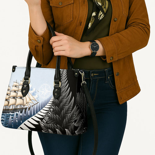 Personalised New Zealand Pakeha Leather Bag Kiwi Silver Fern and Sailing Ship Compass