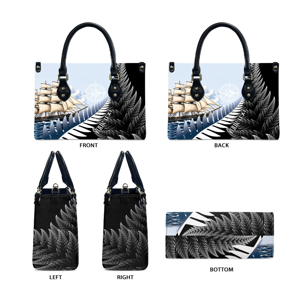 Personalised New Zealand Pakeha Leather Bag Kiwi Silver Fern and Sailing Ship Compass