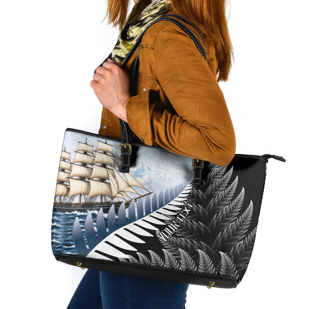 Personalised New Zealand Pakeha Leather Tote Bag Kiwi Silver Fern and Sailing Ship Compass