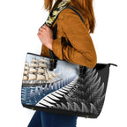 Personalised New Zealand Pakeha Leather Tote Bag Kiwi Silver Fern and Sailing Ship Compass