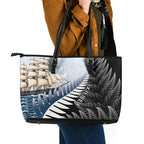 Personalised New Zealand Pakeha Leather Tote Bag Kiwi Silver Fern and Sailing Ship Compass