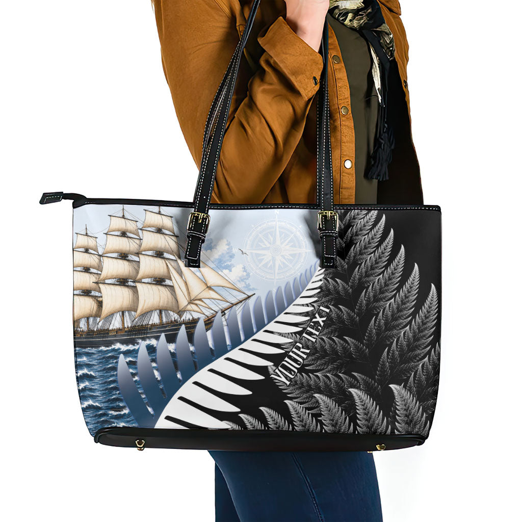 Personalised New Zealand Pakeha Leather Tote Bag Kiwi Silver Fern and Sailing Ship Compass