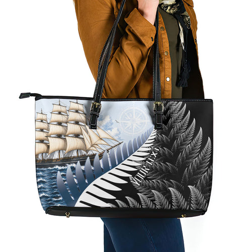Personalised New Zealand Pakeha Leather Tote Bag Kiwi Silver Fern and Sailing Ship Compass