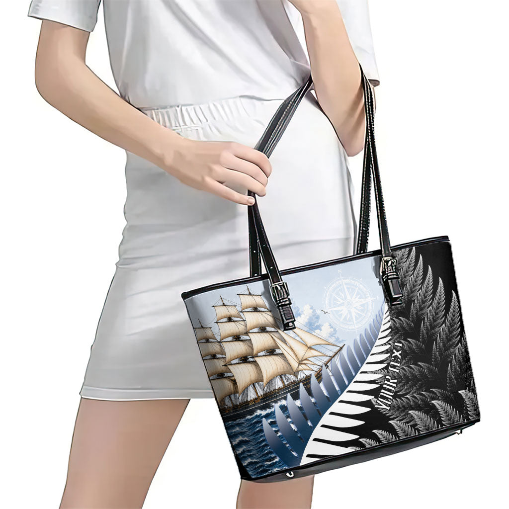 Personalised New Zealand Pakeha Leather Tote Bag Kiwi Silver Fern and Sailing Ship Compass