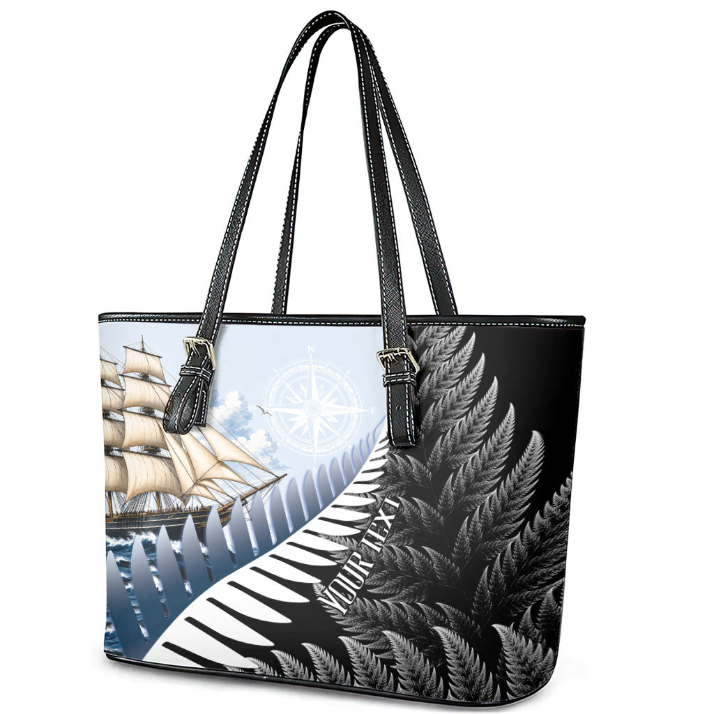 Personalised New Zealand Pakeha Leather Tote Bag Kiwi Silver Fern and Sailing Ship Compass