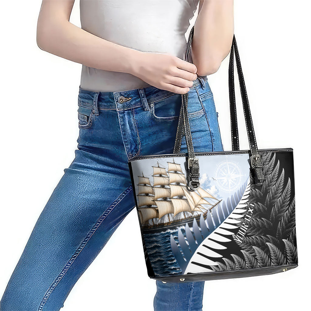 Personalised New Zealand Pakeha Leather Tote Bag Kiwi Silver Fern and Sailing Ship Compass