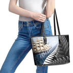 Personalised New Zealand Pakeha Leather Tote Bag Kiwi Silver Fern and Sailing Ship Compass