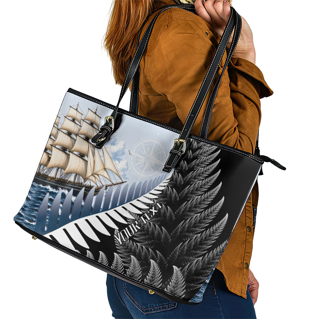 Personalised New Zealand Pakeha Leather Tote Bag Kiwi Silver Fern and Sailing Ship Compass