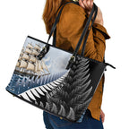 Personalised New Zealand Pakeha Leather Tote Bag Kiwi Silver Fern and Sailing Ship Compass
