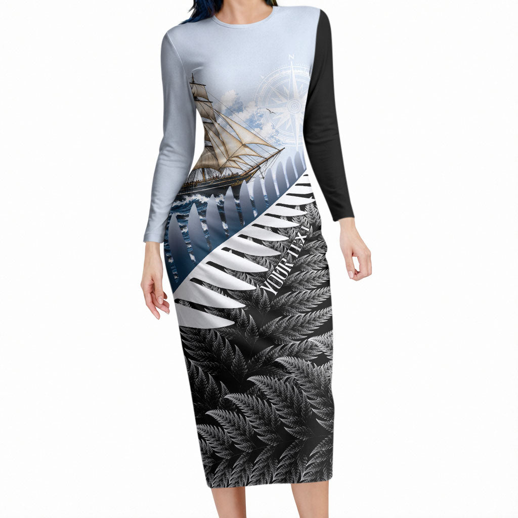 Personalised New Zealand Pakeha Long Sleeve Bodycon Dress Kiwi Silver Fern and Sailing Ship Compass