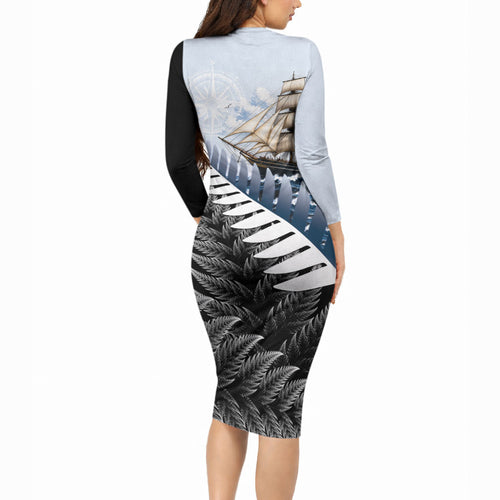 Personalised New Zealand Pakeha Long Sleeve Bodycon Dress Kiwi Silver Fern and Sailing Ship Compass