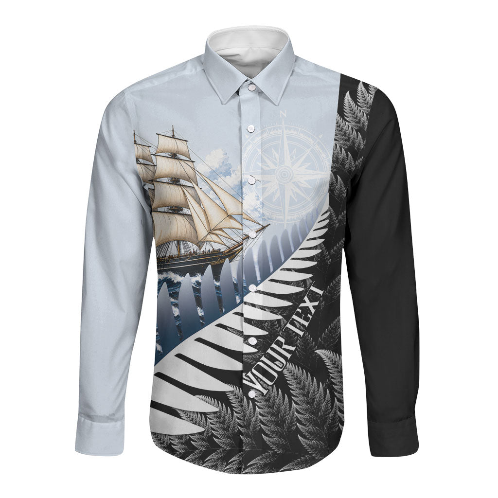 Personalised New Zealand Pakeha Long Sleeve Button Shirt Kiwi Silver Fern and Sailing Ship Compass