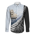 Personalised New Zealand Pakeha Long Sleeve Button Shirt Kiwi Silver Fern and Sailing Ship Compass
