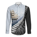 Personalised New Zealand Pakeha Long Sleeve Button Shirt Kiwi Silver Fern and Sailing Ship Compass