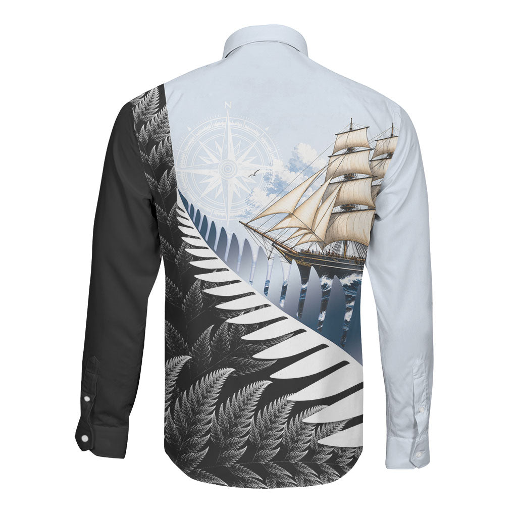 Personalised New Zealand Pakeha Long Sleeve Button Shirt Kiwi Silver Fern and Sailing Ship Compass