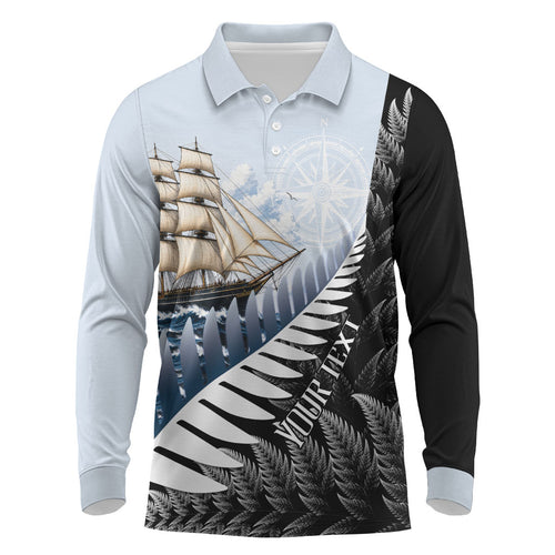 Personalised New Zealand Pakeha Long Sleeve Polo Shirt Kiwi Silver Fern and Sailing Ship Compass