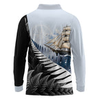 Personalised New Zealand Pakeha Long Sleeve Polo Shirt Kiwi Silver Fern and Sailing Ship Compass