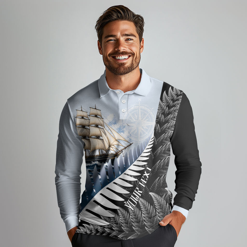 Personalised New Zealand Pakeha Long Sleeve Polo Shirt Kiwi Silver Fern and Sailing Ship Compass