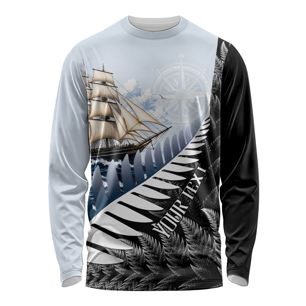 Personalised New Zealand Pakeha Long Sleeve Shirt Kiwi Silver Fern and Sailing Ship Compass
