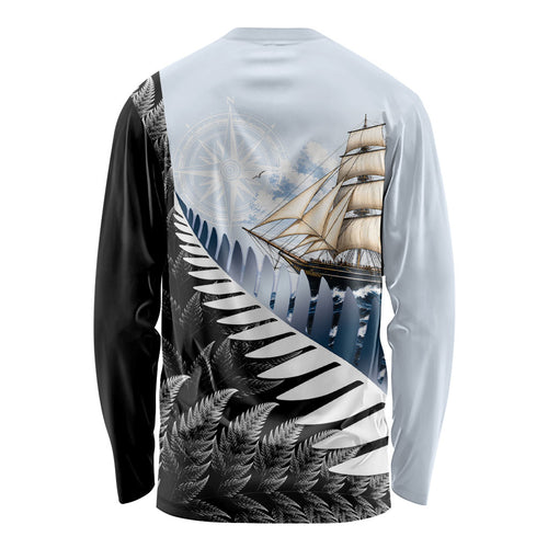 Personalised New Zealand Pakeha Long Sleeve Shirt Kiwi Silver Fern and Sailing Ship Compass