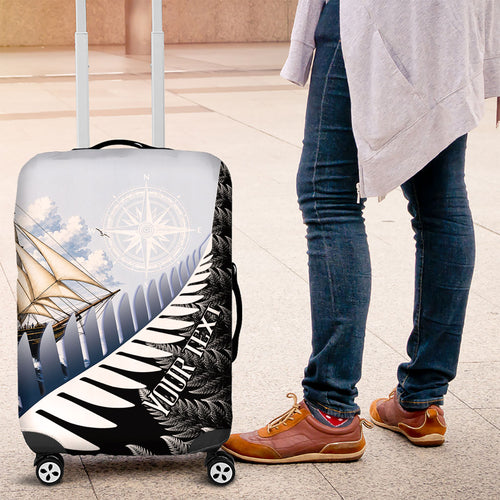 Personalised New Zealand Pakeha Luggage Cover Kiwi Silver Fern and Sailing Ship Compass