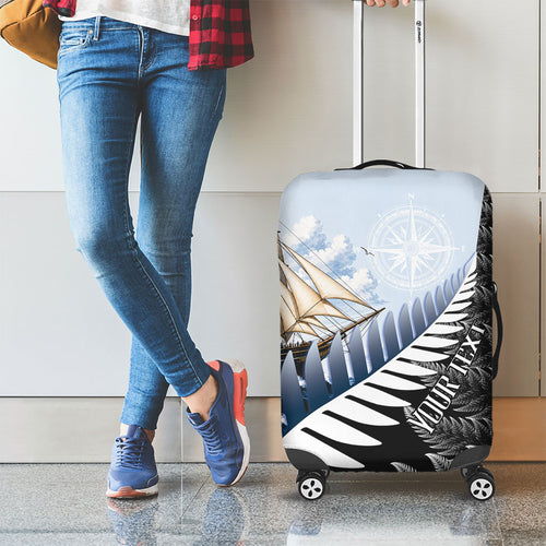 Personalised New Zealand Pakeha Luggage Cover Kiwi Silver Fern and Sailing Ship Compass