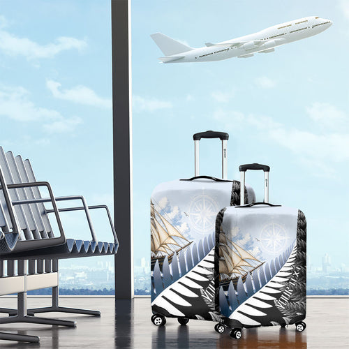 Personalised New Zealand Pakeha Luggage Cover Kiwi Silver Fern and Sailing Ship Compass