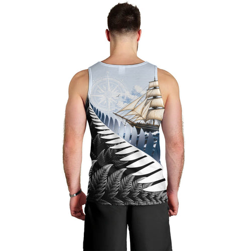 Personalised New Zealand Pakeha Men Tank Top Kiwi Silver Fern and Sailing Ship Compass