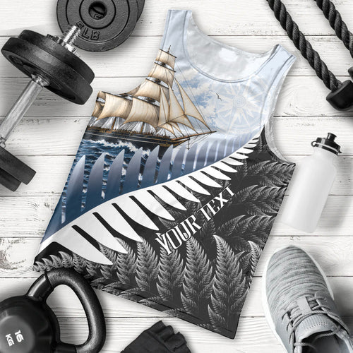 Personalised New Zealand Pakeha Men Tank Top Kiwi Silver Fern and Sailing Ship Compass