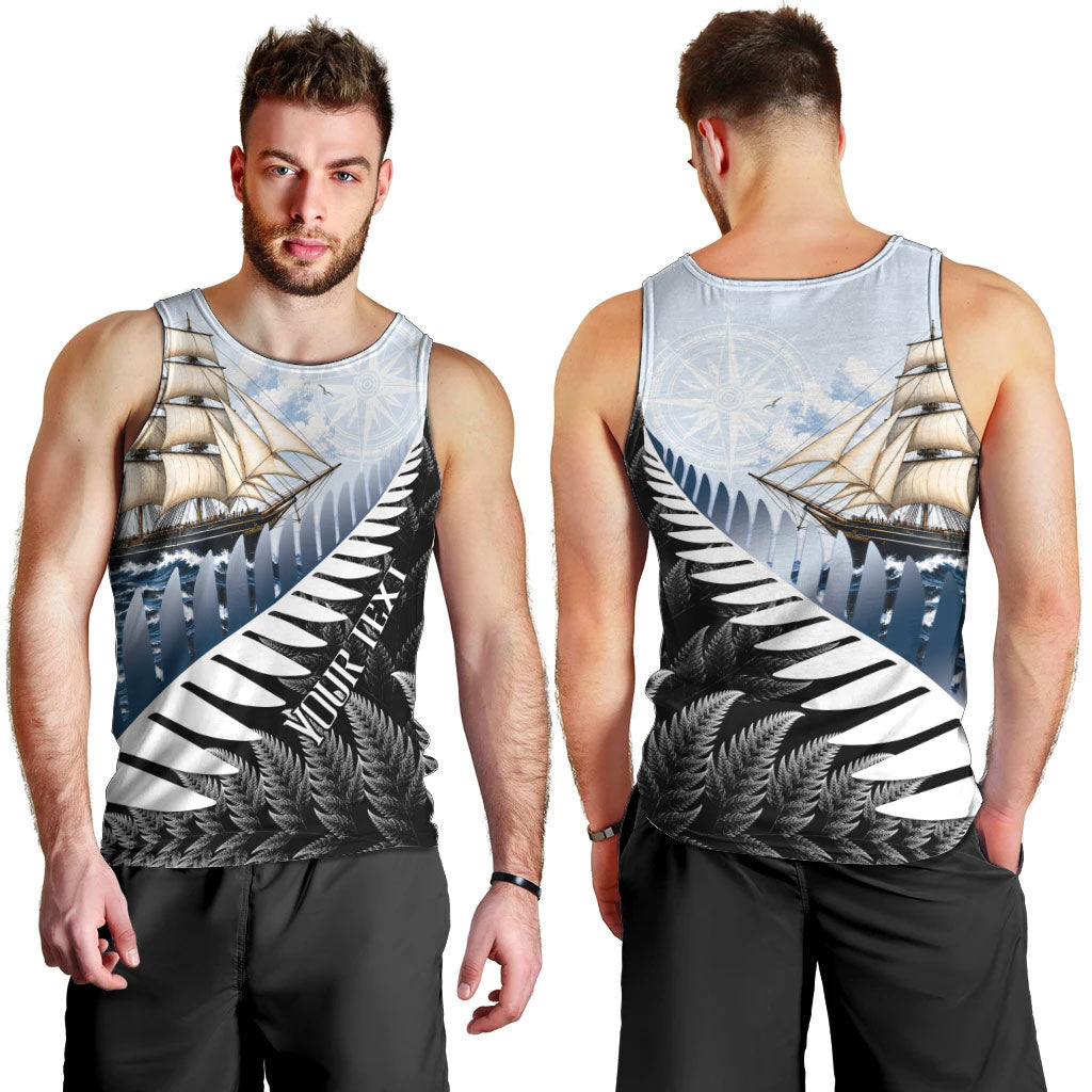 Personalised New Zealand Pakeha Men Tank Top Kiwi Silver Fern and Sailing Ship Compass