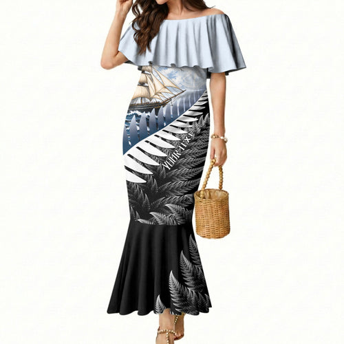Personalised New Zealand Pakeha Mermaid Dress Kiwi Silver Fern and Sailing Ship Compass