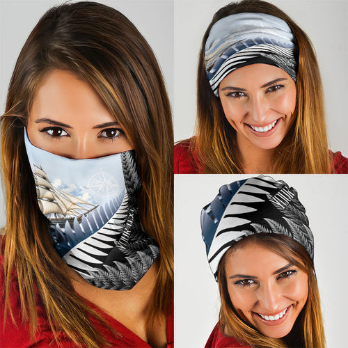 Personalised New Zealand Pakeha Neck Gaiter Kiwi Silver Fern and Sailing Ship Compass
