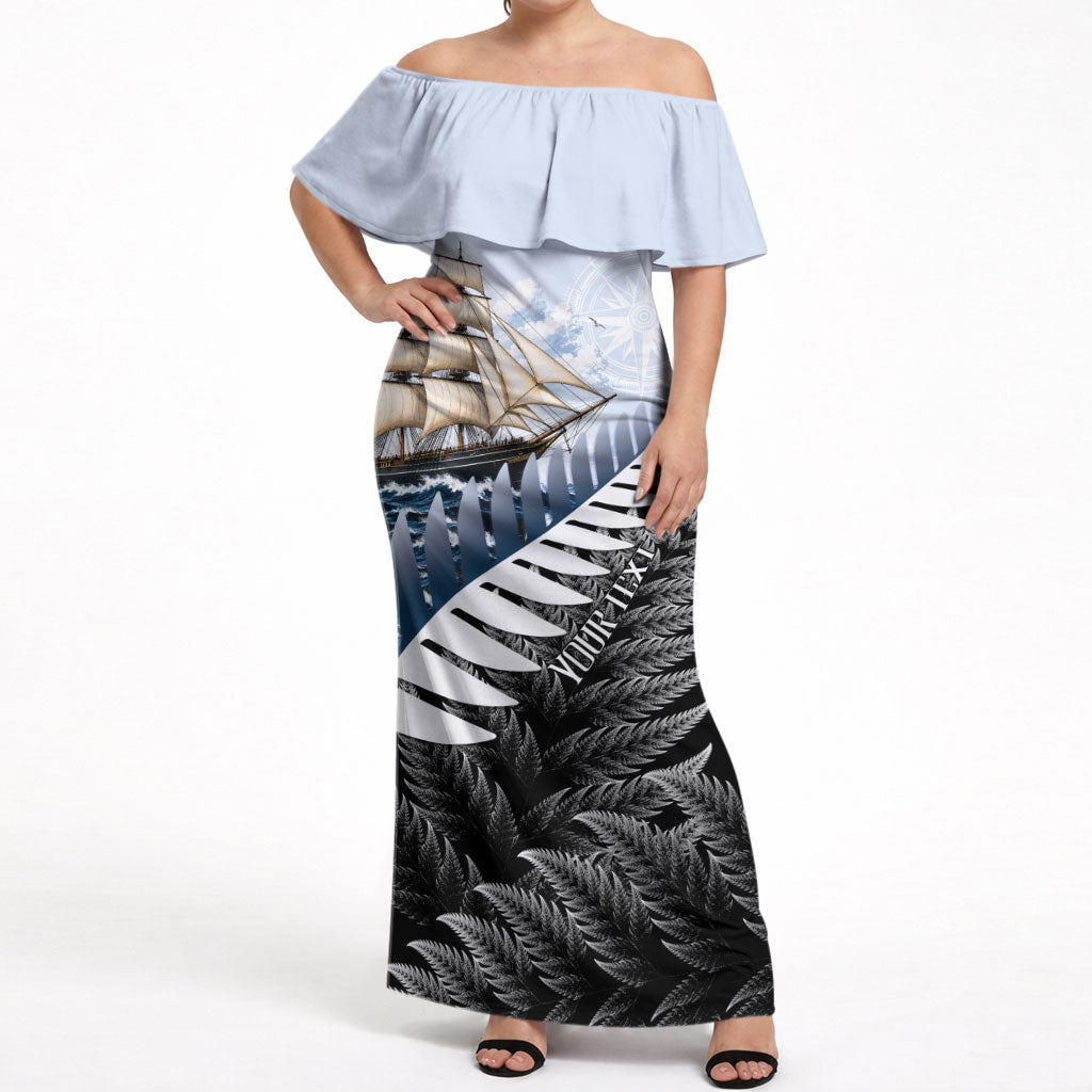 Personalised New Zealand Pakeha Off Shoulder Maxi Dress Kiwi Silver Fern and Sailing Ship Compass