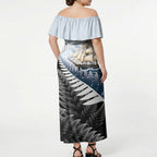 Personalised New Zealand Pakeha Off Shoulder Maxi Dress Kiwi Silver Fern and Sailing Ship Compass