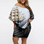 Personalised New Zealand Pakeha Off Shoulder Short Dress Kiwi Silver Fern and Sailing Ship Compass
