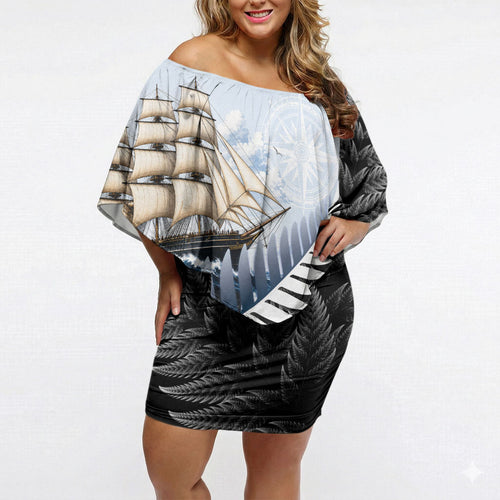 Personalised New Zealand Pakeha Off Shoulder Short Dress Kiwi Silver Fern and Sailing Ship Compass