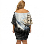 Personalised New Zealand Pakeha Off Shoulder Short Dress Kiwi Silver Fern and Sailing Ship Compass