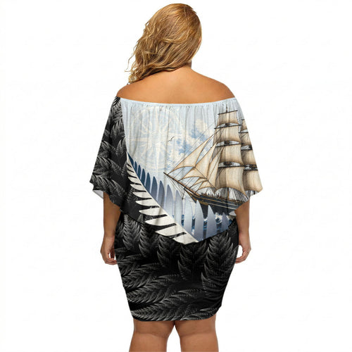 Personalised New Zealand Pakeha Off Shoulder Short Dress Kiwi Silver Fern and Sailing Ship Compass