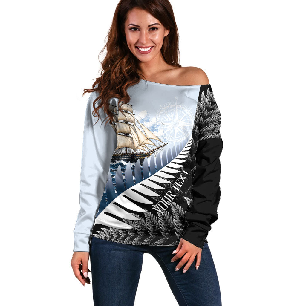 Personalised New Zealand Pakeha Off Shoulder Sweater Kiwi Silver Fern and Sailing Ship Compass