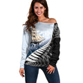 Personalised New Zealand Pakeha Off Shoulder Sweater Kiwi Silver Fern and Sailing Ship Compass