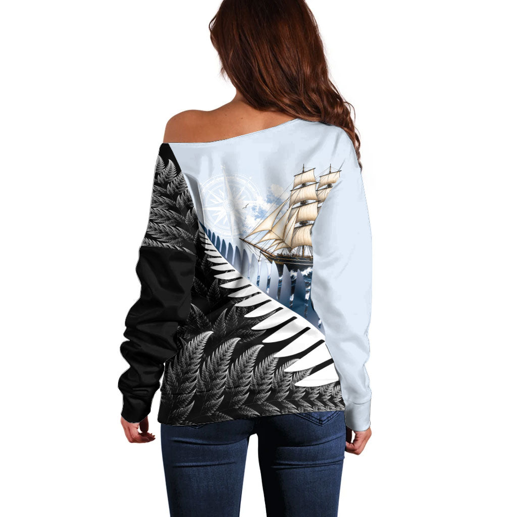 Personalised New Zealand Pakeha Off Shoulder Sweater Kiwi Silver Fern and Sailing Ship Compass