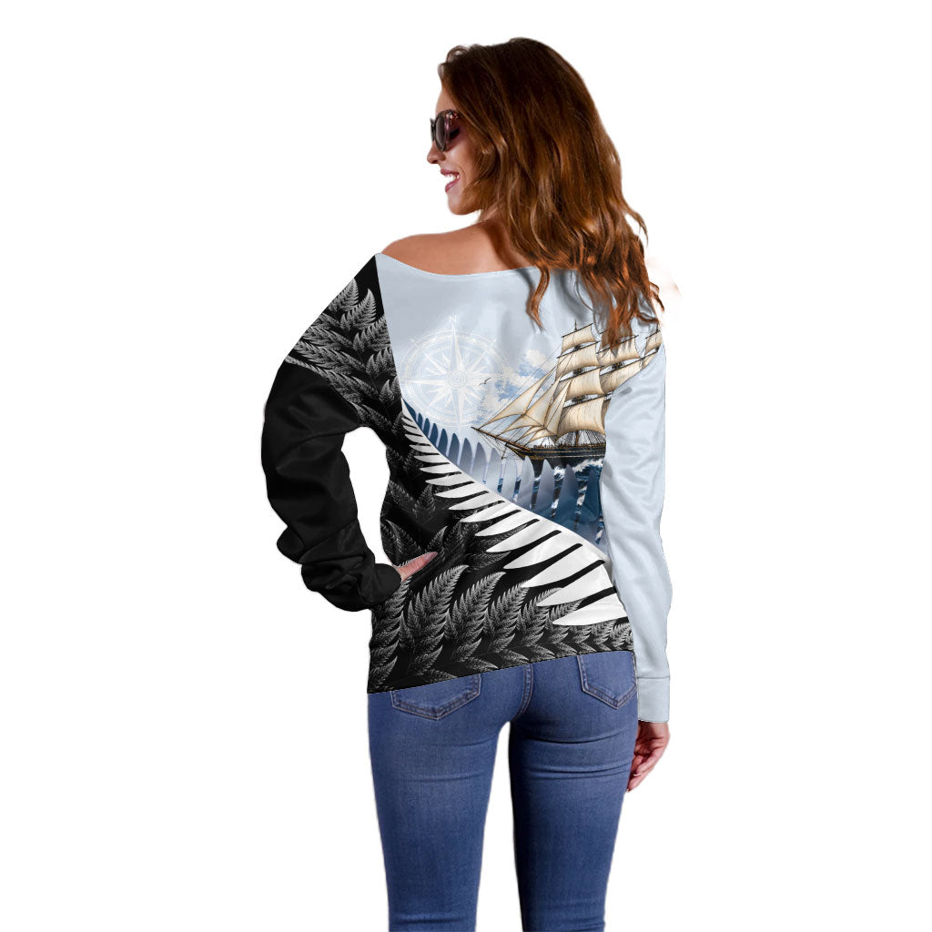 Personalised New Zealand Pakeha Off Shoulder Sweater Kiwi Silver Fern and Sailing Ship Compass