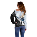 Personalised New Zealand Pakeha Off Shoulder Sweater Kiwi Silver Fern and Sailing Ship Compass