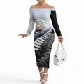 Personalised New Zealand Pakeha Off The Shoulder Long Sleeve Dress Kiwi Silver Fern and Sailing Ship Compass