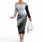 Personalised New Zealand Pakeha Off The Shoulder Long Sleeve Dress Kiwi Silver Fern and Sailing Ship Compass