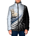 Personalised New Zealand Pakeha Padded Jacket Kiwi Silver Fern and Sailing Ship Compass