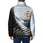 Personalised New Zealand Pakeha Padded Jacket Kiwi Silver Fern and Sailing Ship Compass