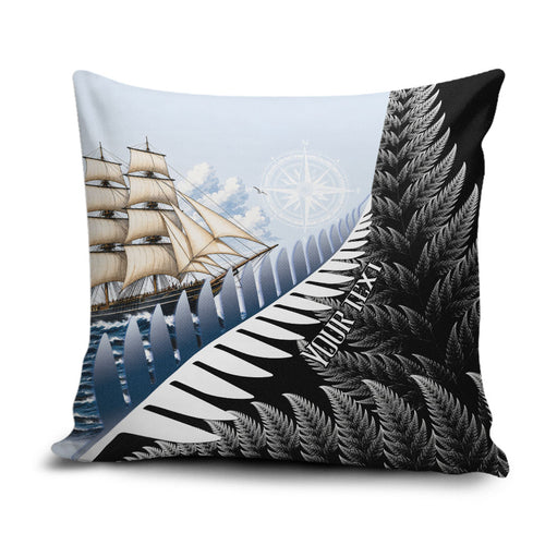 Personalised New Zealand Pakeha Pillow Cover Kiwi Silver Fern and Sailing Ship Compass